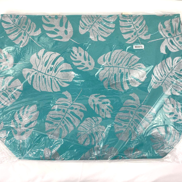 Beach Bag Silver Foil Tropical Leaf Turquoise NWT - Picture 3 of 4